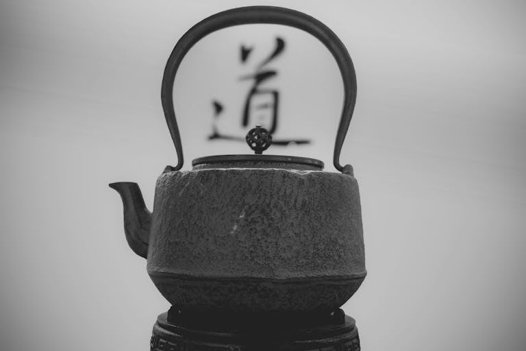 Black and white image of a rustic Japanese cast iron teapot with Asian script in the background.